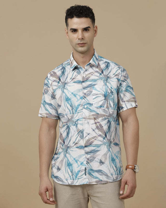 Inflox Men's White Tropical Leaf Print Casual Half Sleeve Shirt | Premium Cotton Blend Regular Fit Summer Shirt