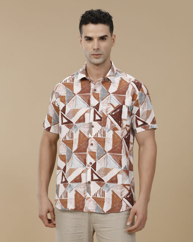 Inflox Men's Brown Geometric Print Casual Half Sleeve Shirt | Premium Cotton Blend Regular Fit Summer Shirt