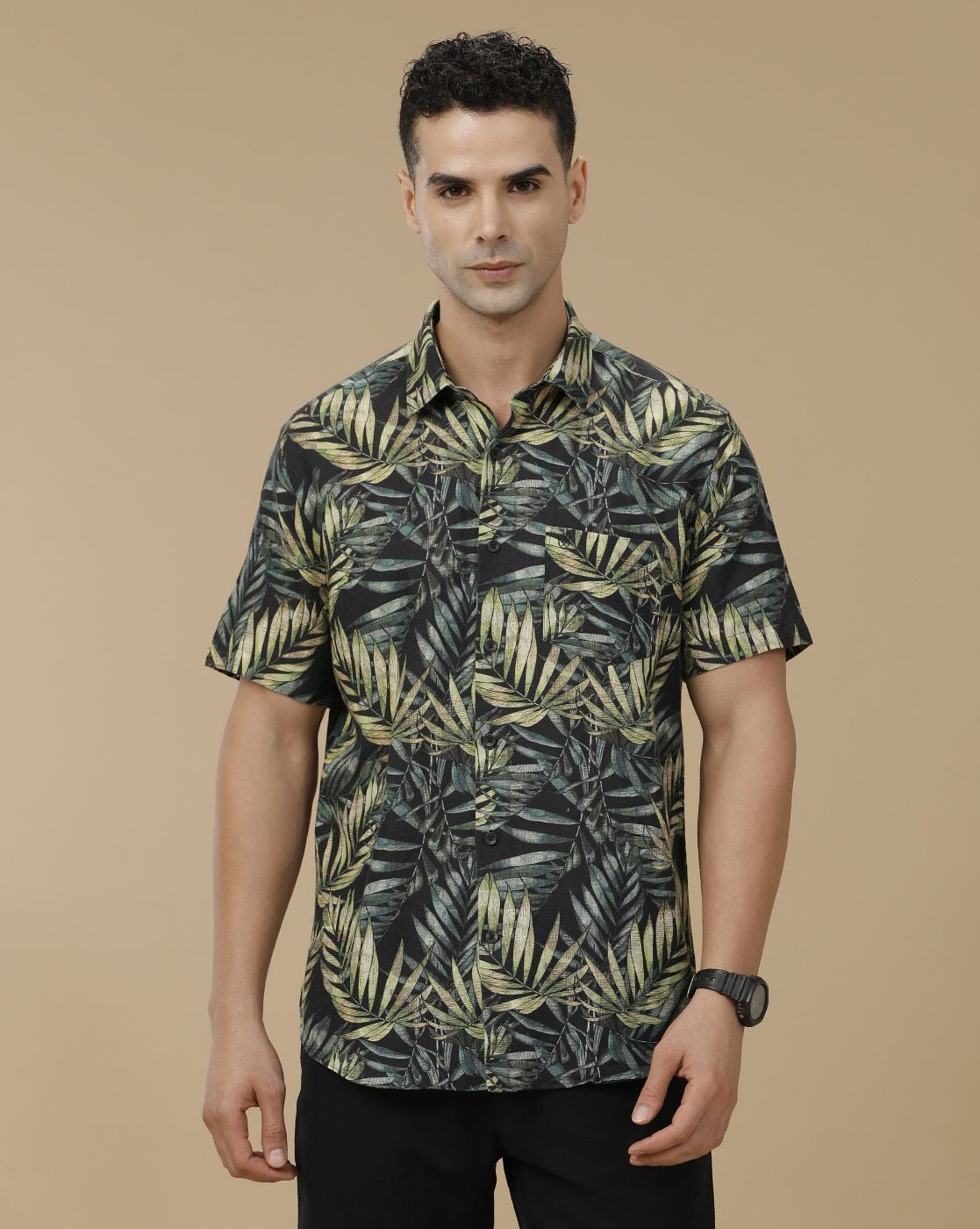 Inflox Men's Black Tropical Leaf Print Casual Half Sleeve Shirt | Premium Cotton Blend Regular Fit Summer Shirt