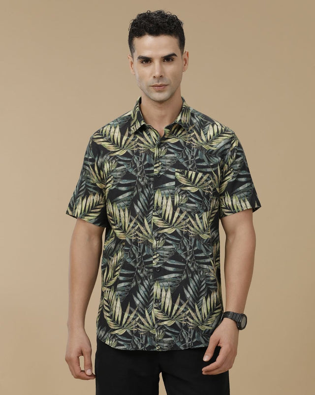 Inflox Men's Black Tropical Leaf Print Casual Half Sleeve Shirt | Premium Cotton Blend Regular Fit Summer Shirt