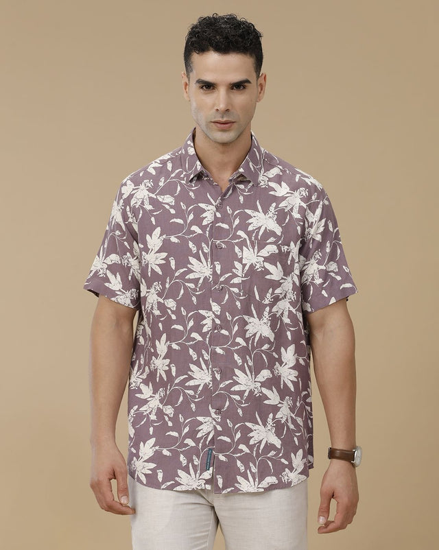 Inflox Men's Mauve Floral Print Casual Half Sleeve Shirt | Premium Cotton Blend Regular Fit Summer Shirt