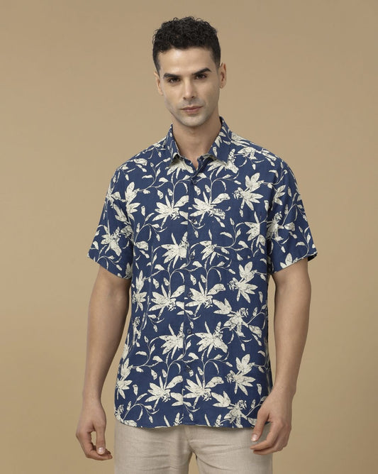 Inflox Men's Navy Blue Floral Print Casual Half Sleeve Shirt | Premium Cotton Blend Summer Shirt