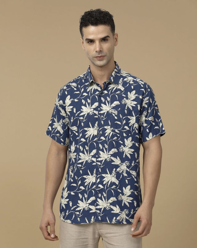 Inflox Men's Navy Blue Floral Print Casual Half Sleeve Shirt | Premium Cotton Blend Summer Shirt