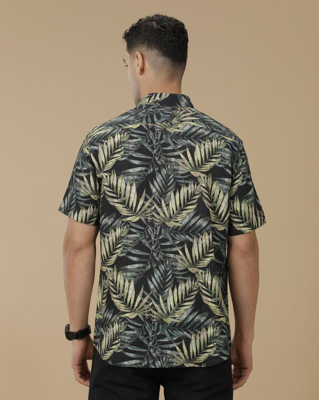 Inflox Men's Black Tropical Leaf Print Casual Half Sleeve Shirt | Premium Cotton Blend Regular Fit Summer Shirt